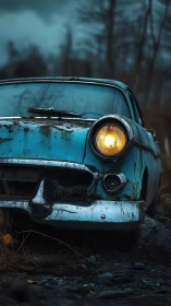 Weathered turquoise classic car with single headlight illuminated.