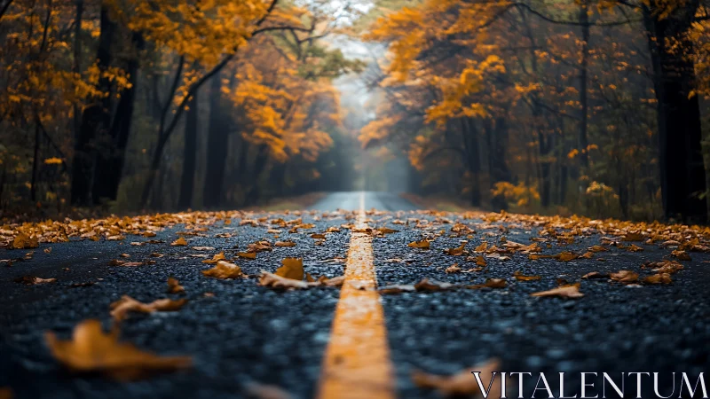 Autumn road perspective with fallen leaves and vanishing line.