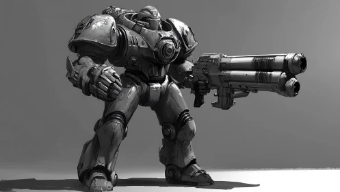 Steel titan steadies a colossal cannon in grayscale silence