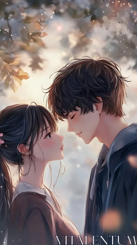 Soft autumn glow pauses between two almost-kissing hearts