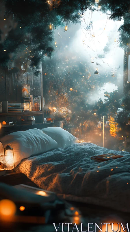 Enchanted bedroom glows under forest canopy and starlight.