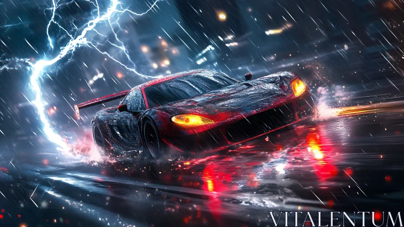 Red race car skids through stormy neon city rainstorm.