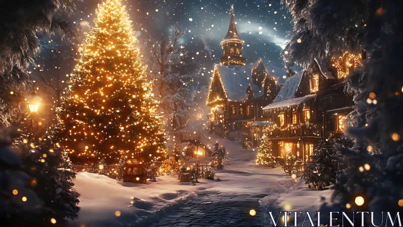 Photorealistic winter village with illuminated Christmas tree streetscape.
