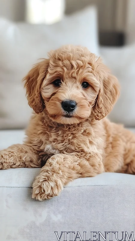 Curly coated tan puppy resting on soft indoor cushion.