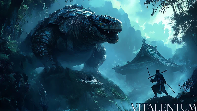 Samurai facing colossal forest guardian in misty dawn.