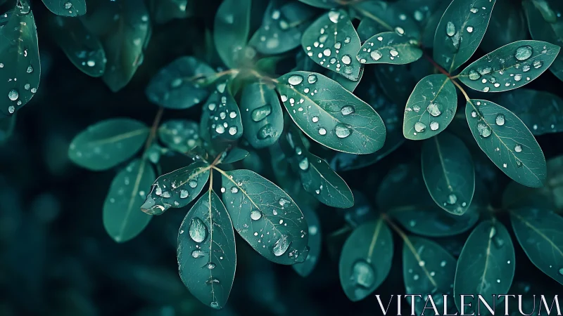 Raindrops on broad green leaves in close-up view.