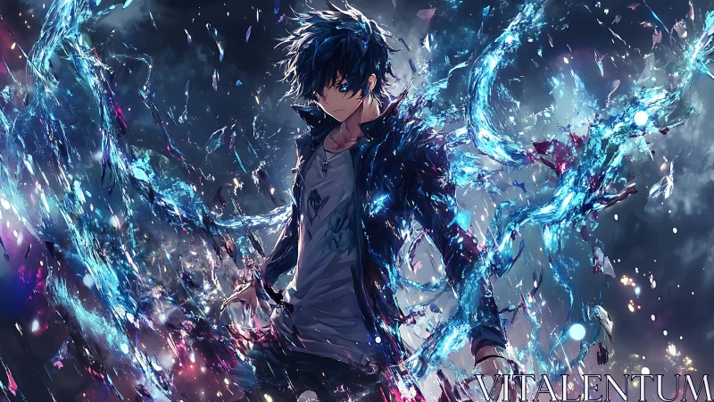 Electric-haired warrior manipulates crystalline blue energy.