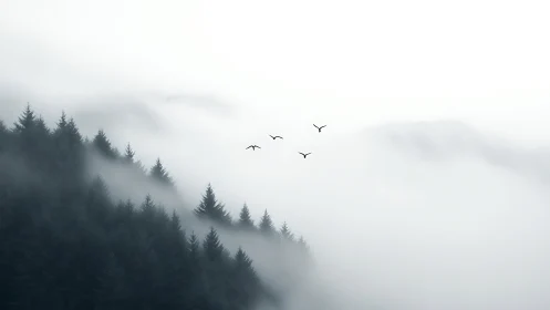 Foggy evergreen forest hillside with birds in flight.