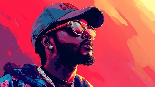 Neon portrait of urban man in reflective sunglasses profile.