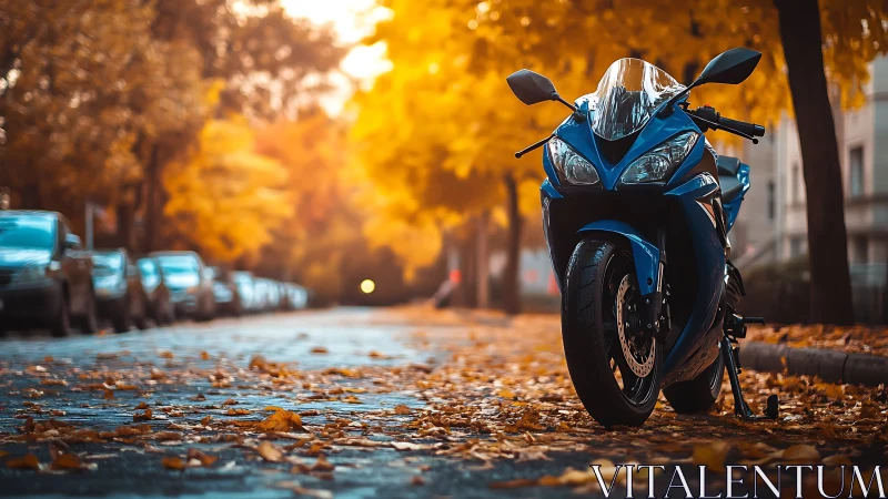 Photorealistic blue sportbike on autumn urban avenue, low angle.