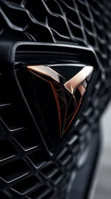 Copper-trimmed car emblem gleams on a dark geometric grille