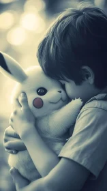 Child embracing plush electric creature in soft bokeh light.