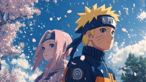 Dual ninja portraits under drifting spring sakura petals