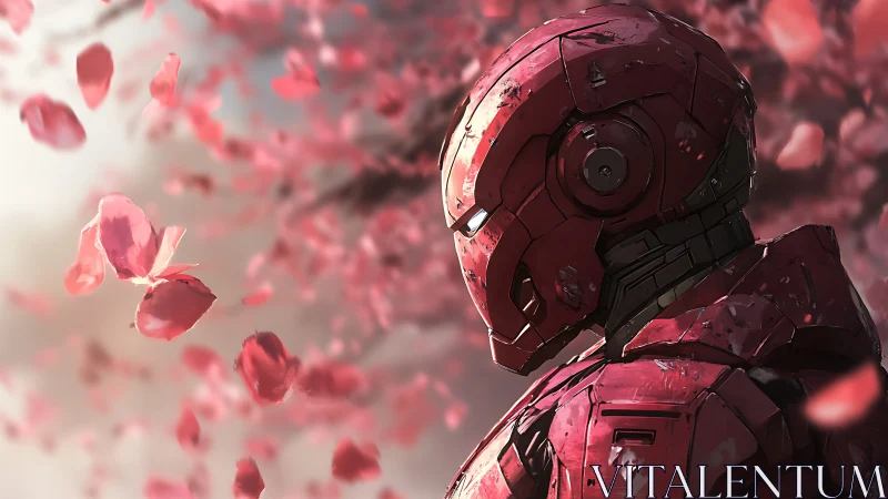 Red armored humanoid figure amid drifting pink petals.