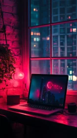Neon city laptop glows against rainy high-rise window view.