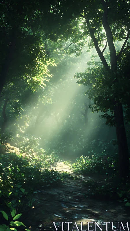 Luminous Forest Pathway: Atmospheric Light Through Dense Canopy.