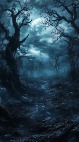 Moonlit haunted forest path under twisted barren trees.