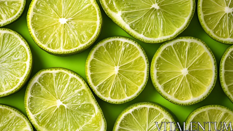 Uniform arrangement of lime slices on bright green surface.