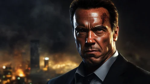 Battle hardened hero stares down a burning city skyline.