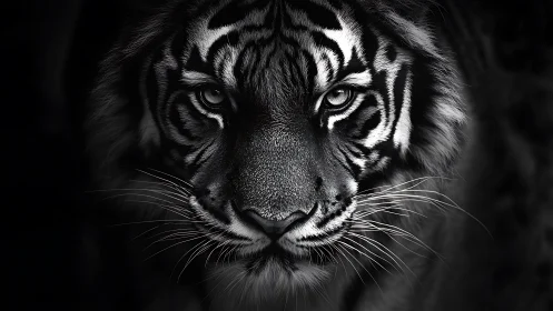 Monochrome tiger portrait in high contrast photorealistic focus.