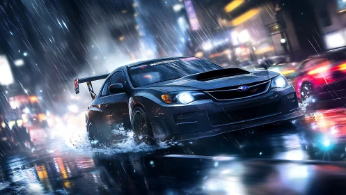 Night street racer carving through neon city rain.