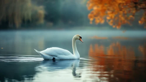 Graceful lake swan gliding through soft autumn morning calm.