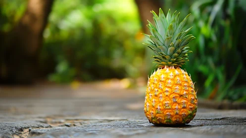 Ripe pineapple on outdoor surface with blurred foliage background.