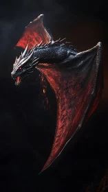 Black dragon with red wings in dark fantasy scene.