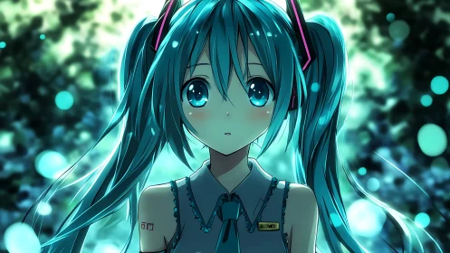 Blue-haired anime girl stands under glowing bokeh lights.