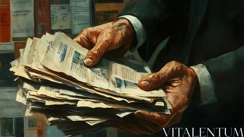 Hands holding thick stack of old paper documents tightly.