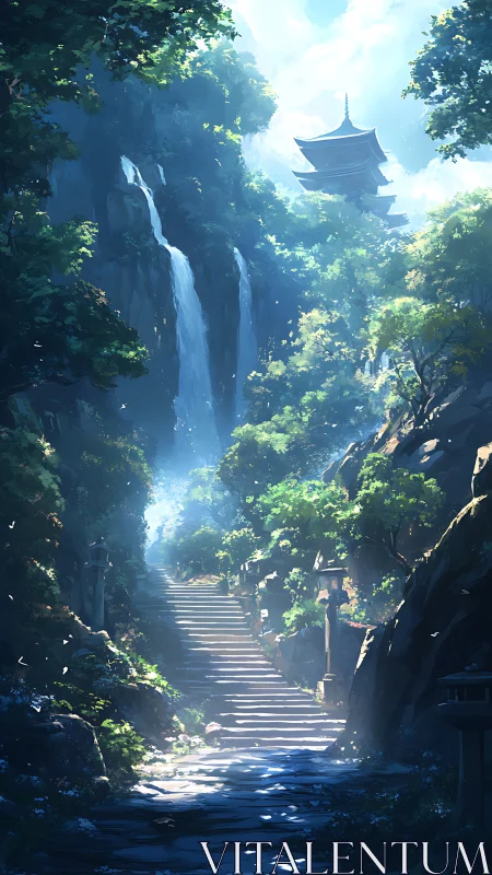 Stone stairway ascends through forested gorge toward pagoda