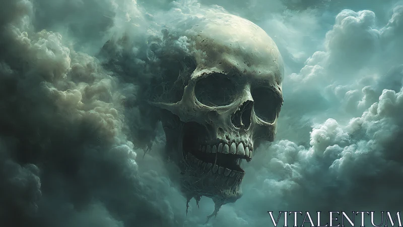 Colossal skull emerges from storm-torn, ghostly clouds.