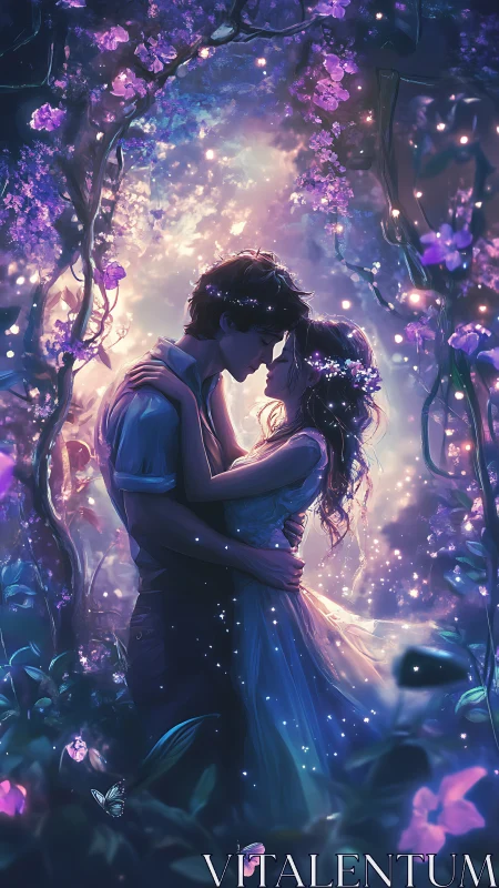 Couple in Floral Garden with Luminescent Atmospheric Effects