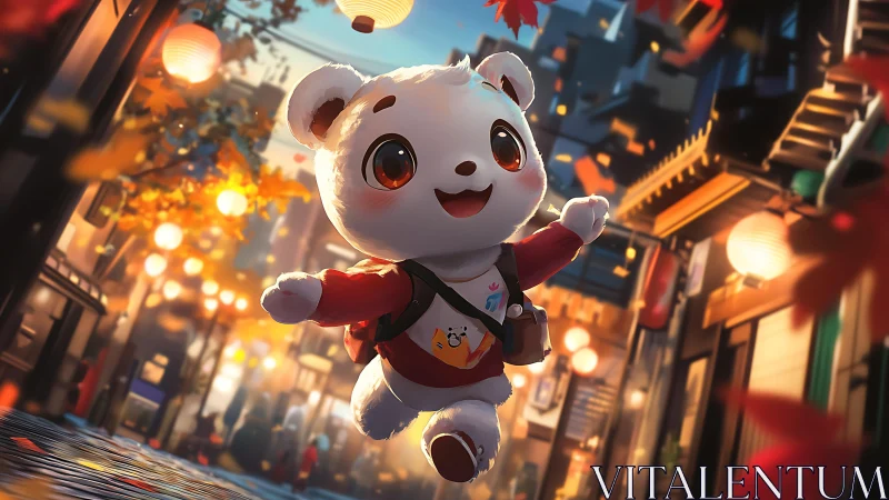 Joyful panda mascot runs through lantern-lit autumn street scene