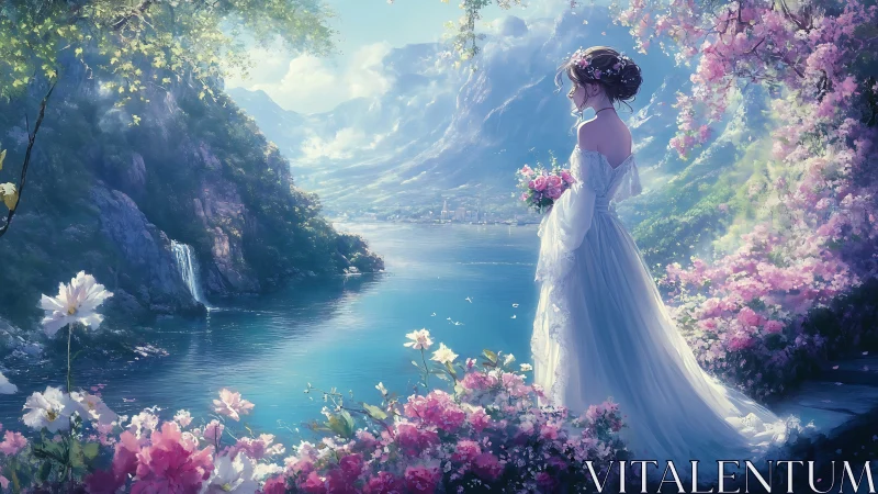 Bridal figure overlooks luminous alpine lake in floral bloom