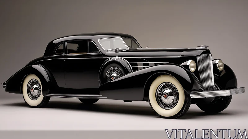 Streamlined black 1930s luxury coupe with chrome detailing