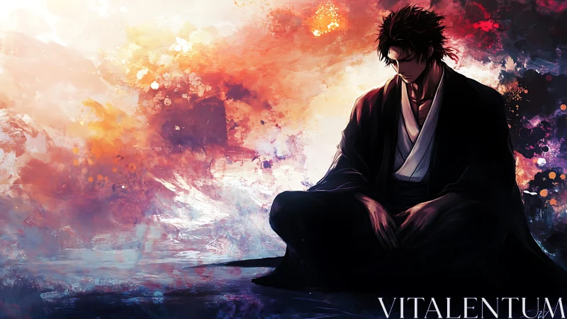 Stormlit Ronin in Quiet Meditation Beside Painted Horizons.