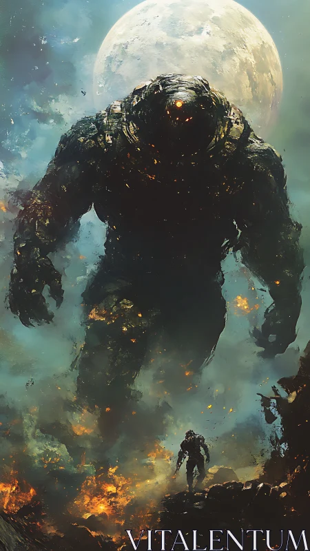 Colossal molten golem towers over lone soldier beneath moon