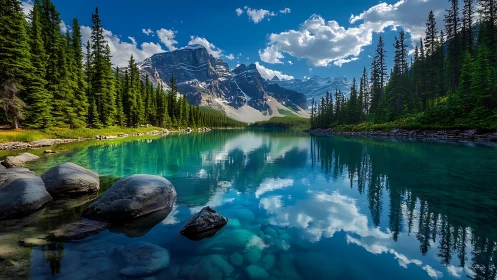 Mountain lake reflection under clear sky with pine forest.