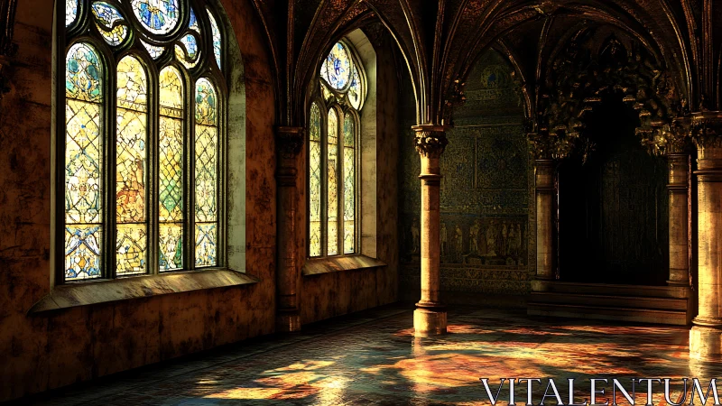 Sunlit stained glass braids color across a silent hall