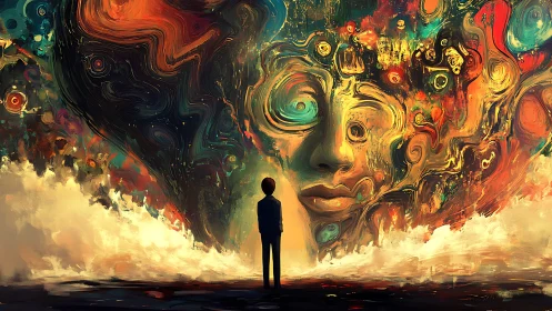 Solitary figure confronts swirling cosmic visage of consciousness