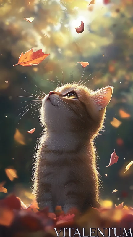 Cat Observing Falling Autumn Leaves.