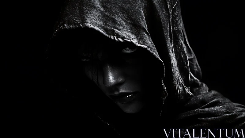 Hooded figure in dramatic low key monochrome portrait.