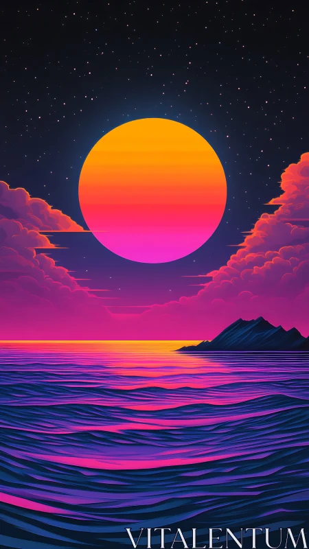Digital seascape depicts stylized sun over horizon line