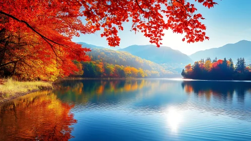 Vibrant autumn lake with red foliage and distant mountains.