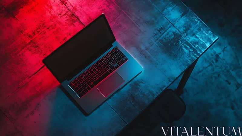 Overhead view of laptop on desk under dual neon rim lighting