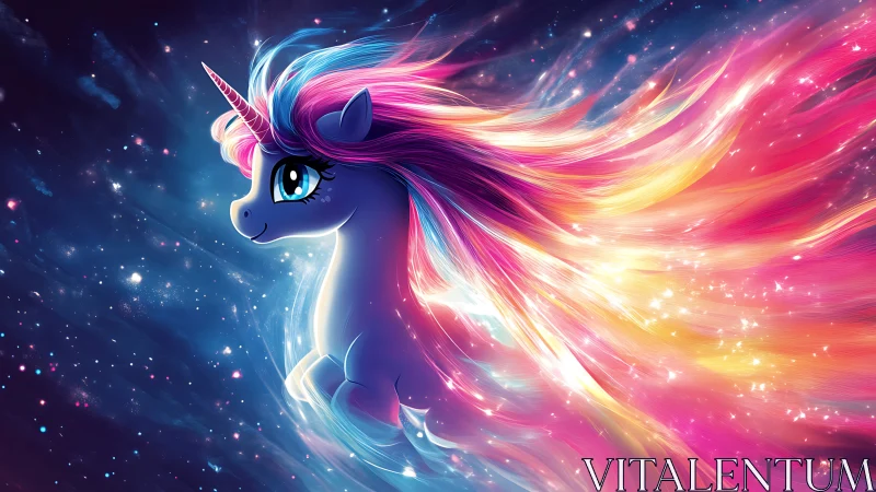 Starlit unicorn drifting through a rainbow comet trail.