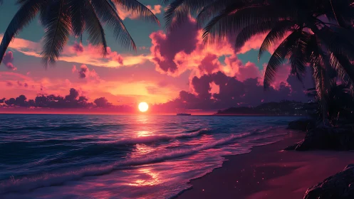 Neon-infused tropical sunset renders cinematic coastal serenity
