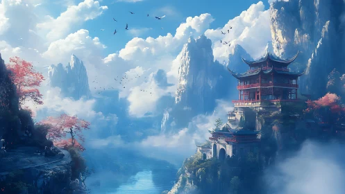 Mountain temple complex above misty valley and river.