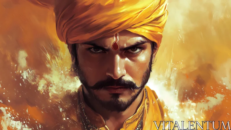 Fiery royal portrait captures intense warrior focus in gold
